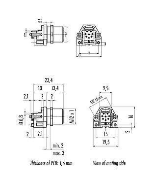 Scale drawing M12 Male panel mount connector, Contacts: 8, shieldable, THR, IP68, UL 2238, M12x1.0, Rear mounting, for PCB assembly
