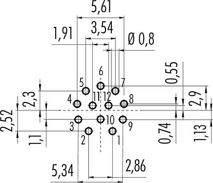 Conductor layout M12 Female panel mount connector, Contacts: 12, unshielded, THT, IP68, UL 2238, M16x1.5, Rear mounting, potted
