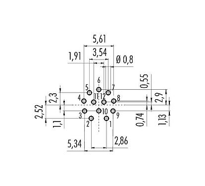 Conductor layout M12 Female panel mount connector, Contacts: 12, unshielded, THT, IP68, PG 9, Rear mounting, potted