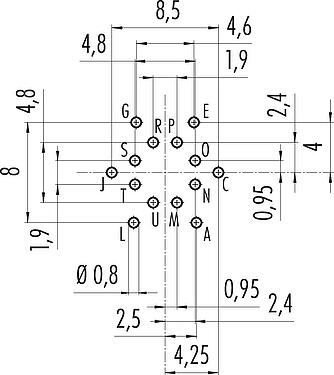 Conductor layout M16 Female panel mount connector, Contacts: 14 (14-b), unshielded, THT, IP40, M18x0,75, Rear mounting