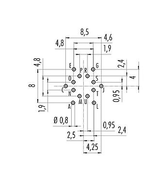Conductor layout M16 Male panel mount connector, Contacts: 14 (14-b), unshielded, THT, IP67, UL 2238, M18x0,75, Rear mounting