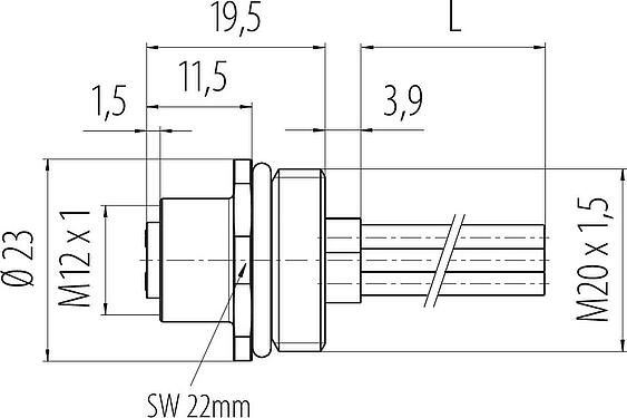 比例图 M12 孔头法兰座, 极数: 4, 非屏蔽, 带导线, IP68, UL 2238, M20x1.5, 板前安装, 模压成型