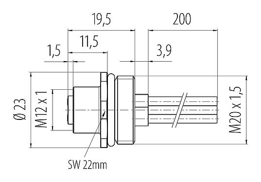 比例图 M12 孔头法兰座, 极数: 4, 非屏蔽, 带导线, IP68, UL 2238, M20x1.5, 板前安装, 模压成型