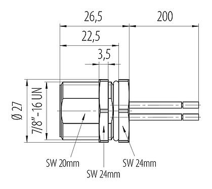 比例图 7/8" 针头法兰座, 极数: 4+PE, 非屏蔽, 带导线, IP68, UL 2238, VDE, 板前安装, 模压成型