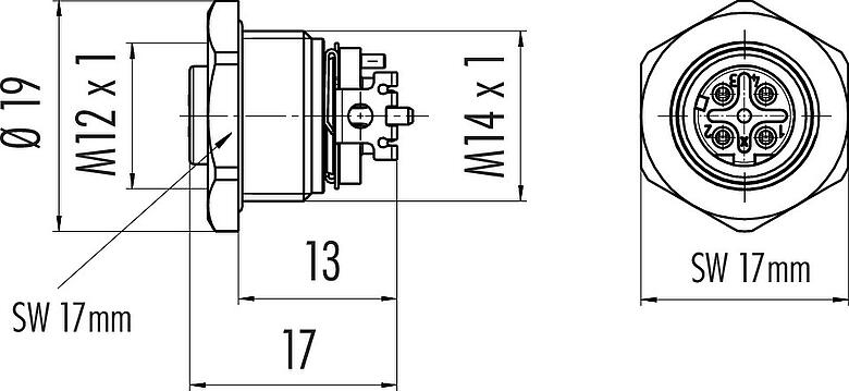 Scale drawing M12 Female panel mount connector, Contacts: 4, shieldable, SMT, IP67, M14x1.0, Front mounting