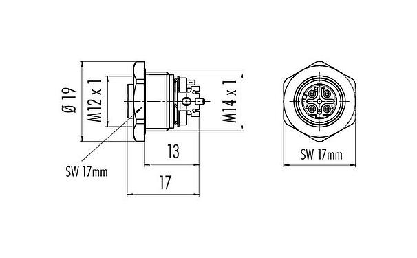 比例图 M12 孔头法兰座, 极数: 4, 可接屏蔽, SMT, IP67, M14x1.0, 板前安装