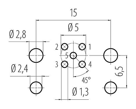 Conductor layout M12 Male panel mount connector, Contacts: 5, unshielded, THR, IP68, UL 2238, M12x1.0, Rear mounting, for PCB assembly