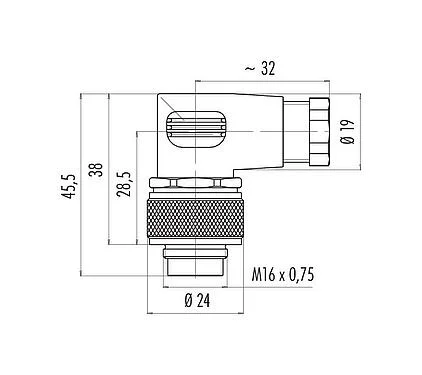 比例图 M16 弯角针头电缆连接器, 极数: 5 (05-b), 4.0-6.0mm, 非屏蔽, 焊接, IP67
