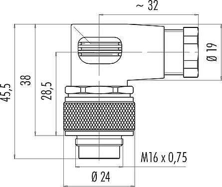 比例图 M16 弯角针头电缆连接器, 极数: 12 (12-a), 4.0-6.0mm, 非屏蔽, 焊接, IP67