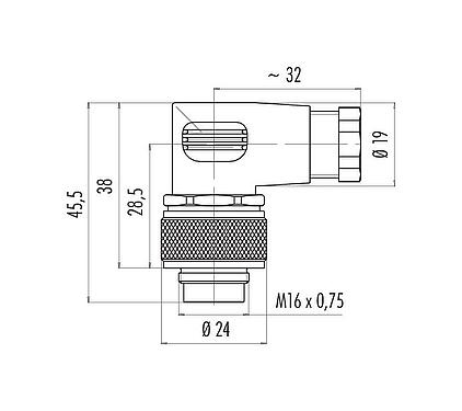 比例图 99 0101 118 02 - M16 弯角针头电缆连接器, 极数: 2 (02-a), 4.0-6.0mm, 非屏蔽, 焊接, IP67