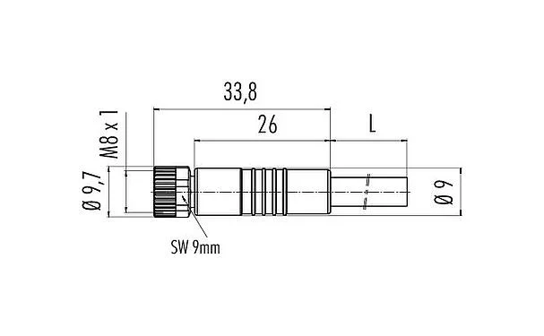 Scale drawing M8 Female cable connector, Contacts: 8, unshielded, moulded on the cable, IP67/IP69K, UL 2238, PUR, black, 8 x 0.25 mm², 2 m