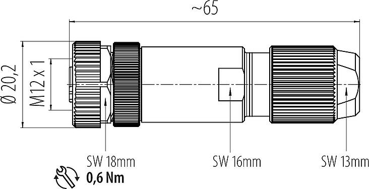 比例图 M12 直头孔头电缆连接器, 极数: 4, 5.0-8.0mm, 可接屏蔽, 螺钉接线, IP67, UL 2238, 鸢尾花