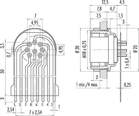 Connection & dimensions M16 Female panel mount connector, Contacts: 8 (08-a), unshielded, THT, IP68, M18x0,75, Rear mounting