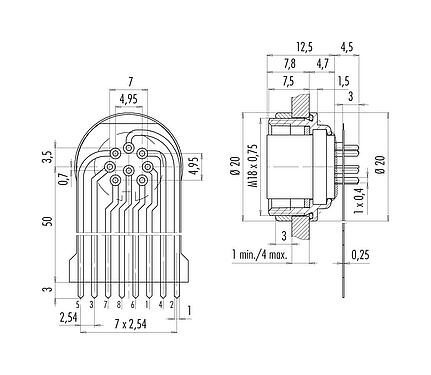 连接和尺寸 M16 孔头法兰座, 极数: 8 (08-a), 非屏蔽, THT, IP68, M18x0,75, 後壁安裝
