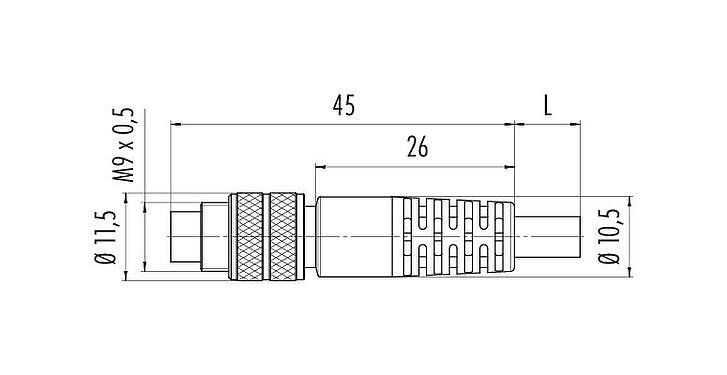 Scale drawing M9 Male cable connector, Contacts: 3, shielded, moulded on the cable, IP67, PUR, black, 5 x 0.25 mm², 5 m