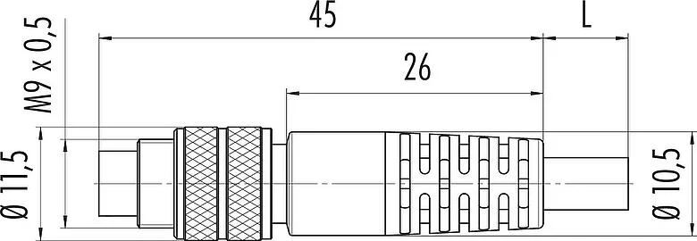 Scale drawing M9 Male cable connector, Contacts: 2, shielded, moulded on the cable, IP67, PUR, black, 5 x 0.25 mm², 5 m