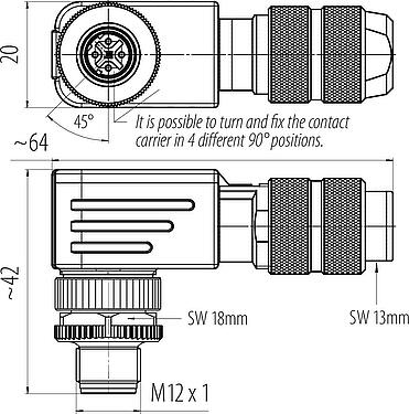 比例图 M12 弯角针头电缆连接器, 极数: 4, 5.0-8.0mm, 可接屏蔽, 螺钉接线, IP67, UL 2238, 鸢尾花