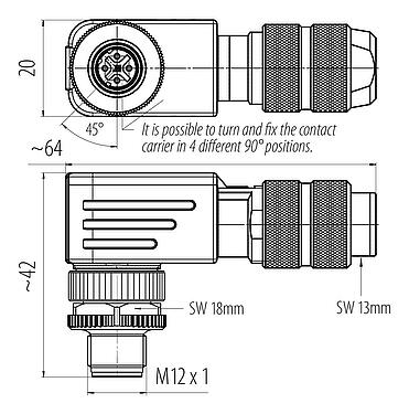 Scale drawing M12 Male angled connector, Contacts: 4, 5.0-8.0 mm, shieldable, screw clamp, IP67, UL 2238, iris spring