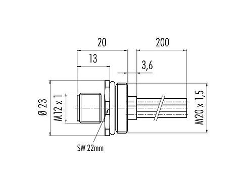 Scale drawing 09 0691 642 04 - M12 Male panel mount connector, Contacts: 3+PE, unshielded, single wires, IP68, UL, VDE, M20x1.5