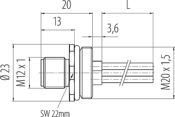 比例图 M12 针头法兰座, 极数: 4, 非屏蔽, 带导线, IP68, UL 2238, M20x1.5, 板前安装, 模压成型
