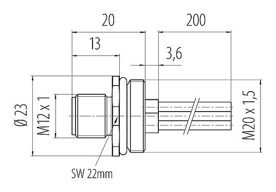 比例图 M12 针头法兰座, 极数: 4, 非屏蔽, 带导线, IP68, UL 2238, M20x1.5, 板前安装, 模压成型