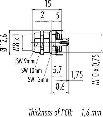 比例图 M8 孔头法兰座, 极数: 8, 可接屏蔽, THT, IP67, UL 2238, M10x0.75, 後壁安裝, 模压成型