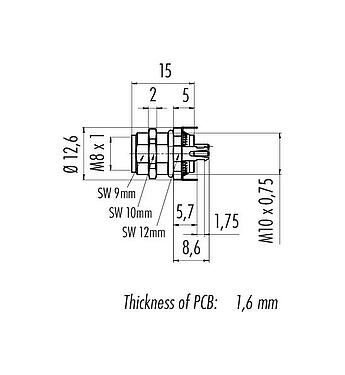 比例图 M8 孔头法兰座, 极数: 4, 可接屏蔽, THT, IP67, UL 2238, M10x0.75, 後壁安裝, 模压成型