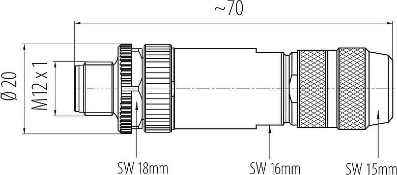 Scale drawing M12 Male cable connector, Contacts: 5, 8.0-9.0 mm, shieldable, screw clamp, IP67, UL 2238, iris spring