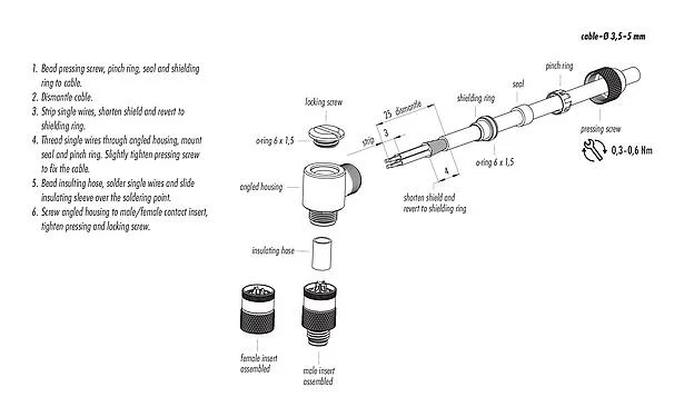 Assembly instructions M8 Male angled connector, Contacts: 4, 3.5-5.0 mm, shieldable, solder, IP67, UL 2238