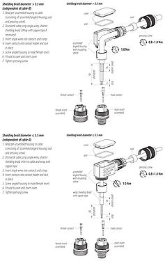 装配说明 M12 弯角针头电缆连接器, 极数: 4, 5.0-8.0mm, 可接屏蔽, 压接(压接触点必须单独订购), IP67