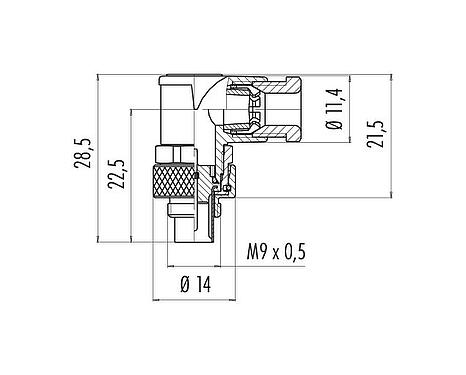 比例图 M9 弯角针头电缆连接器, 极数: 4, 3.5-5.0mm, 非屏蔽, 焊接, IP67