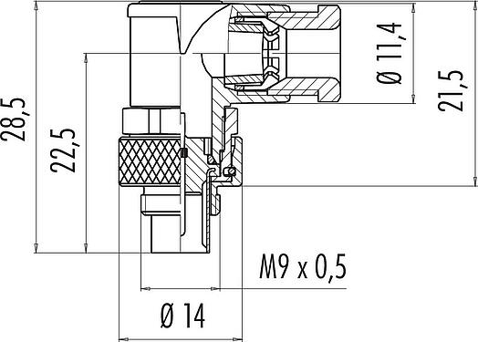 Scale drawing M9 Male angled connector, Contacts: 2, 3.5-5.0 mm, unshielded, solder, IP67