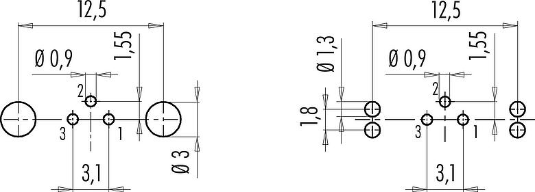 导体结构 M9 针头法兰座, 极数: 3, 可接屏蔽, THT, IP67, M12x0.5, 後壁安裝, 模压成型