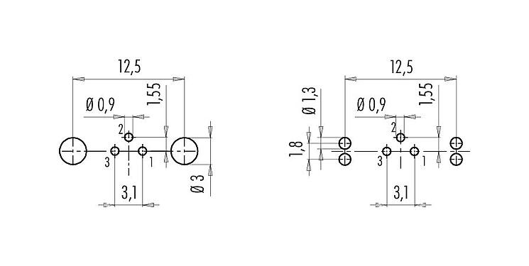 Conductor layout 09 0407 30 03 - M9 Male panel mount connector, Contacts: 3, shieldable, THT, IP67, front fastened
