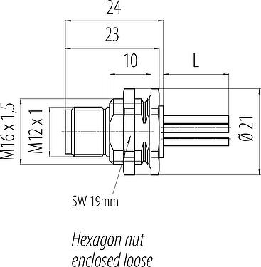 比例图 M12 针头法兰座, 极数: 5, 非屏蔽, 带导线, IP68, UL 2238, M16x1.5, 後壁安裝