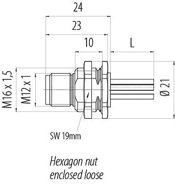 比例图 M12 针头法兰座, 极数: 5, 非屏蔽, 带导线, IP68, UL 2238, M16x1.5, 後壁安裝