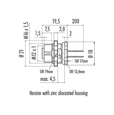 比例图 M12 孔头法兰座, 极数: 4, 非屏蔽, 带导线, IP68/IP69K, UL 2238, M16x1.5, 後壁安裝