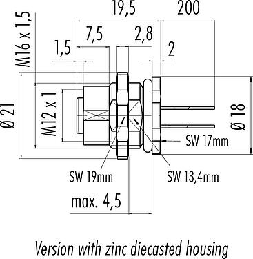 比例图 M12 孔头法兰座, 极数: 4, 非屏蔽, 带导线, IP68/IP69K, UL 2238, M16x1.5, 後壁安裝