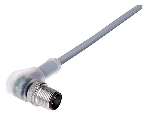 Illustration 77 3627 0000 20004-0500 - M12 Male angled connector, Contacts: 4, unshielded, moulded on the cable, IP69K, UL, PVC, grey, 4 x 0.34 mm², with LED PNP, 5 m