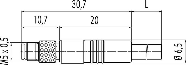 比例图 M5 直头针头电缆连接器, 极数: 3, 非屏蔽, 预铸电缆, IP67, UL 2238, M5x0.5, PUR, 黑色, 3x0.25mm², 2m