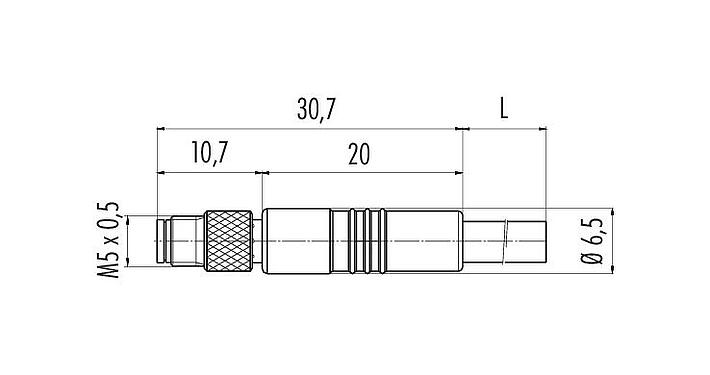 Scale drawing M5 Male cable connector, Contacts: 3, unshielded, moulded on the cable, IP67, UL 2238, M5x0.5, PUR, black, 3 x 0.14 mm², 2 m