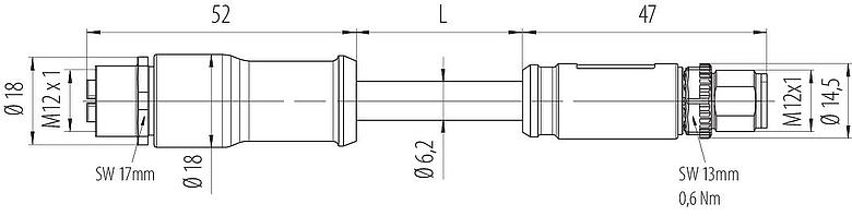 Scale drawing M12 Connecting cable male cable connector - female cable connector, Contacts: 8, shielded, moulded on the cable, IP67, M12x1.0, E-beam X-FRNCL/LSNH, blue, 2 m