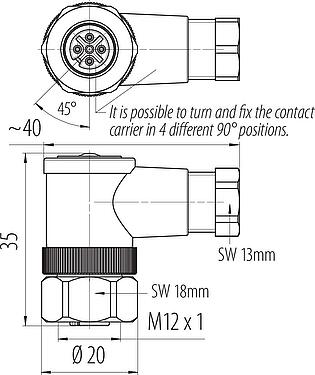 比例图 M12 弯角孔头电缆连接器, 极数: 4, 4.0-6.0mm, 非屏蔽, 螺钉接线, IP67, UL 2238