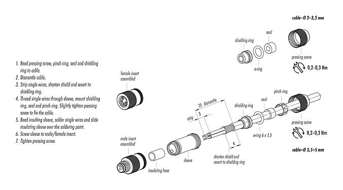 Assembly instructions M8 Male cable connector, Contacts: 3, 2.0-3.5 mm, shieldable, solder, IP67