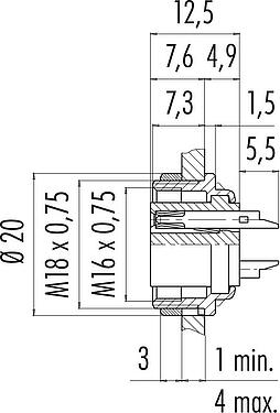 比例图 M16 孔头法兰座, 极数: 2 (02-a), 非屏蔽, 焊接, IP40, M18x0,75, 後壁安裝