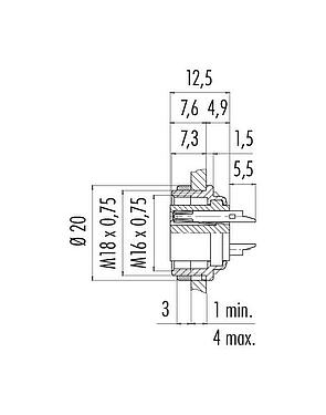 比例图 M16 孔头法兰座, 极数: 2 (02-a), 非屏蔽, 焊接, IP40, M18x0,75, 後壁安裝