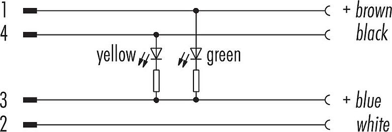 Pin assignment plans M12/M8 Male cable connector - female angled connector, Contacts: 4, unshielded, moulded on the cable, IP67/IP69K, PUR, black, 4 x 0.25 mm², with LED PNP, 2 m