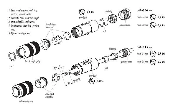 装配说明 09 0126 25 07 - M16 直头孔头电缆连接器, 极数: 7 (07-a), 4.0-6.0mm, 非屏蔽, 焊接, IP67