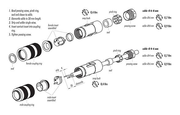 Assembly instructions M16 Female cable connector, Contacts: 5 (05-a), 6.0-8.0 mm, unshielded, solder, IP67