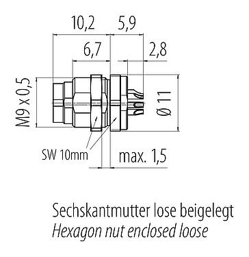 Scale drawing M9 Male panel mount connector, Contacts: 8, unshielded, solder, IP40, M9x0,5, Front mounting